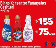 BİNGO KONSANTRE YUMUŞATICI ÇEŞİTLERİ 960 ML fiyat ve kampanya bilgisi